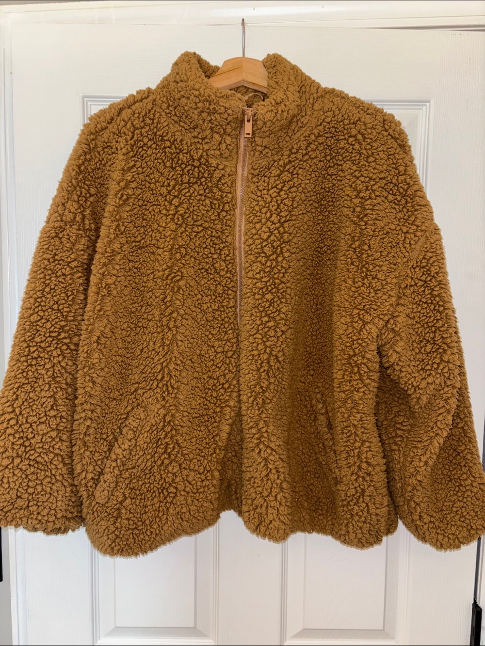 Nine West Cozy Teddy Faux Sherpa Zip Jacket - Camel - PXL